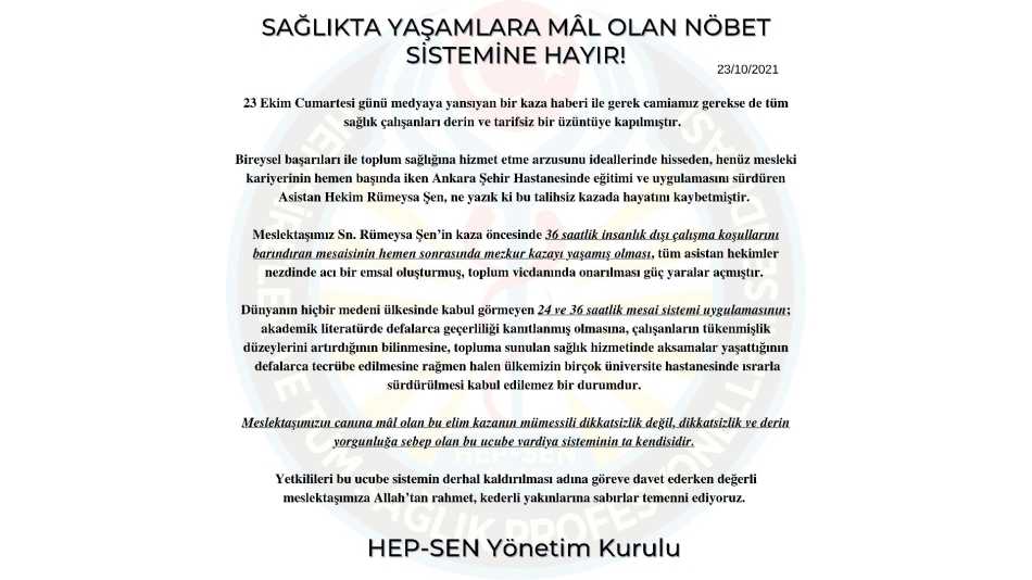Sağlıkta Yaşamlara Mâl Olan Nöbet Sistemine HAYIR