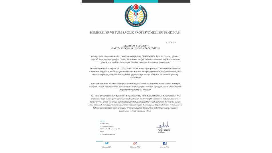 Sağlık Bakanlığı'na Yıllık İzinlerle İlgili Talep Mektubu